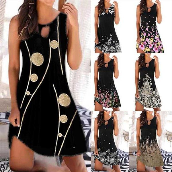 

summer womens midi dress sleeveless fashion plus size printed for women, Black;gray