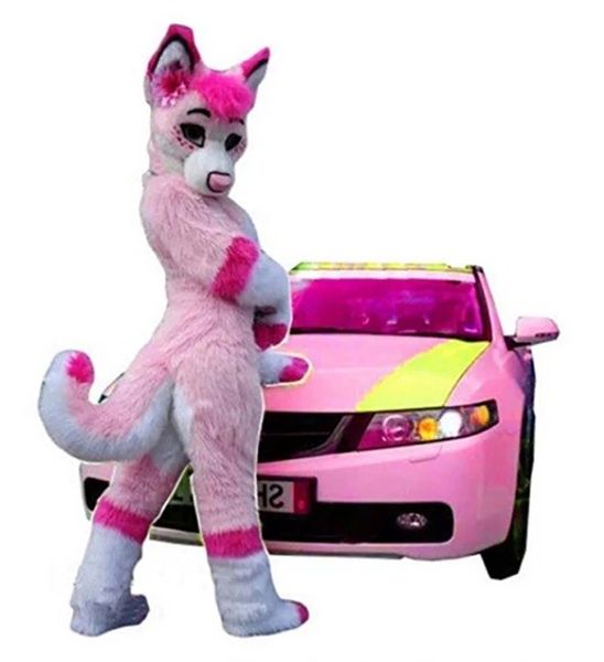 

pink long fur furry husky dog wolf mascot costumes for adults circus christmas halloween outfit fancy dress suit, Red;yellow