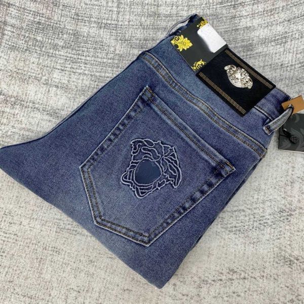 

high version vers designer jeans men pants classic medusa embroidered jeans casual mens trousers plus size fashion straight jeanses, Blue