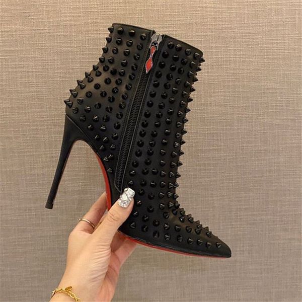 

women fashion ankle boot side zipper rivet party high-heeled roman boots, Black
