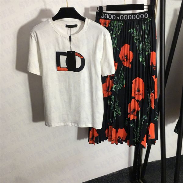 

embroidered letter t shirts tees dress two piece womens floral print high waist pleated skirts fashion casual sets, White