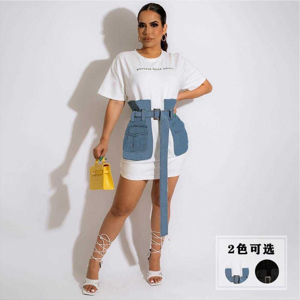 

womens denim stitching dress wholesale summer girl waist hn, Black;gray