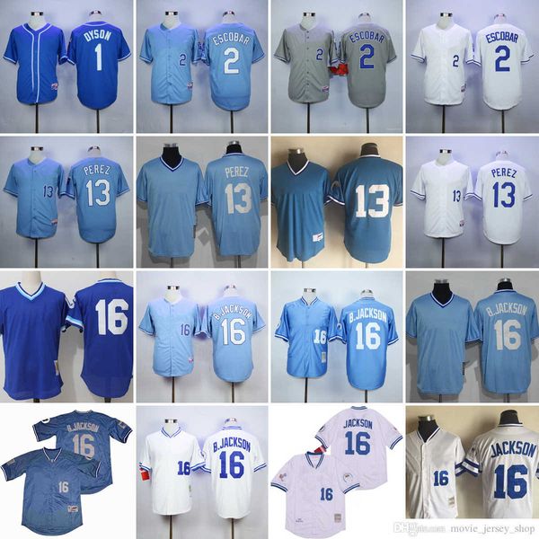 

vintage college mitchell and ness baseball 16 bo jackson jerseys stitched 13 salvador perez 2 alcides escobar 1 jarrod dyson blue 1985 white, Black