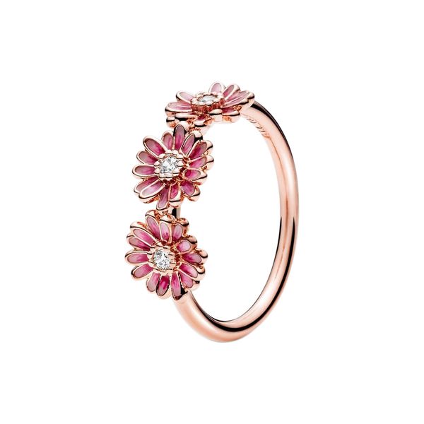 

new pink daisy flower trio ring 18k rose gold with original box for pandora authentic sterling silver wedding party jewelry for women girlfr, Slivery;golden