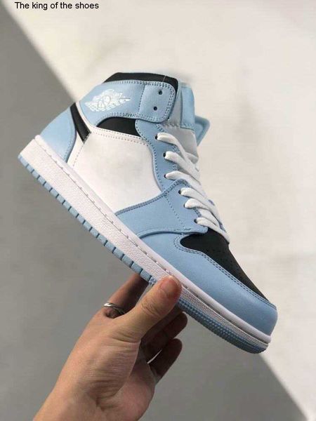 

with box 1 mid ice blue basketball shoes men women black white 1s sneaker