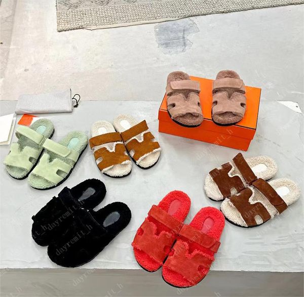 

fur slippers chypre slippers wool slipper designer sandals fashion women fluffy furry shoes warm winter flat slides suede sandal classic fli, Black