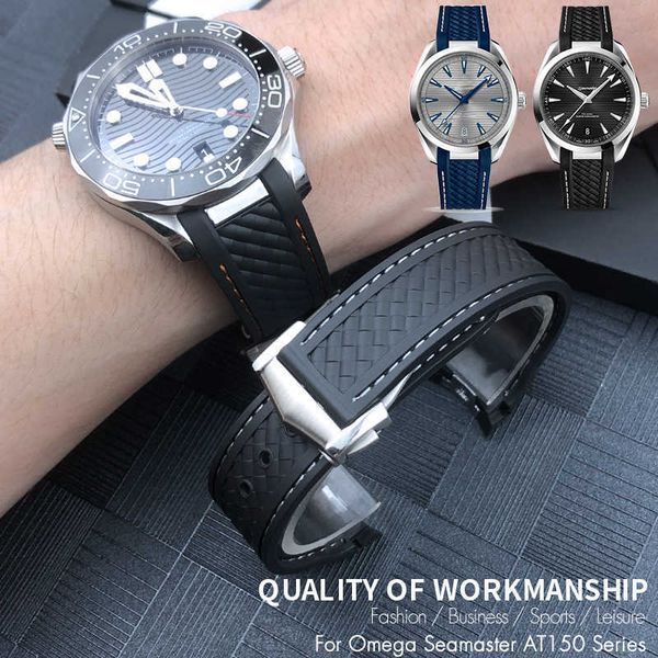

watch bands 19mm 20mm watchband for omega seamaster aqua terra at150 ultra light 8900 silicone rubber premium deployment buckle watch strap, Black;brown