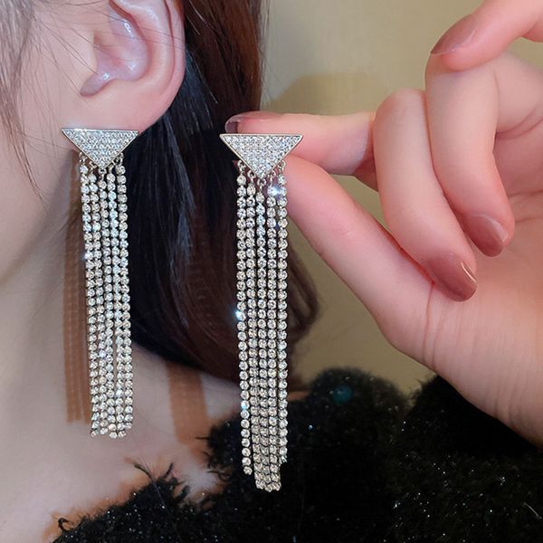 

zircon diamond chain tassel personalised geometric earrings for women korean fashion dangle earring daily birthday party jewelry gifts, Silver