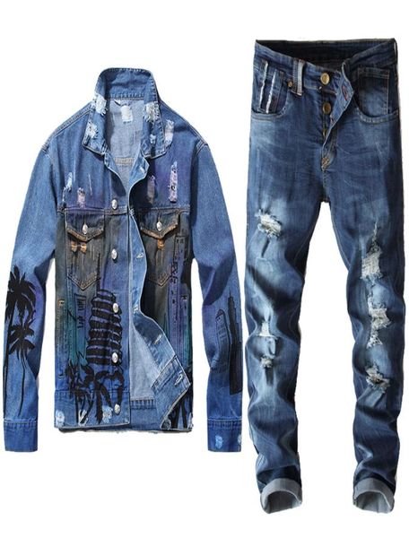 

four seasons men039s tracksuits spring autumn male vintage print blue denim jacket pants two piece sets casual coat stretch j3307446, Gray