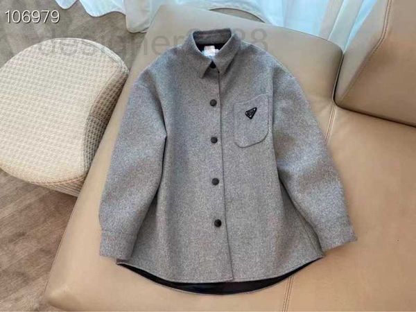 

women's jackets designer pa22ss spring summer new triangle collar cashmere blended long sleeve loose versatile grey shirt coat t0u9, Black;brown