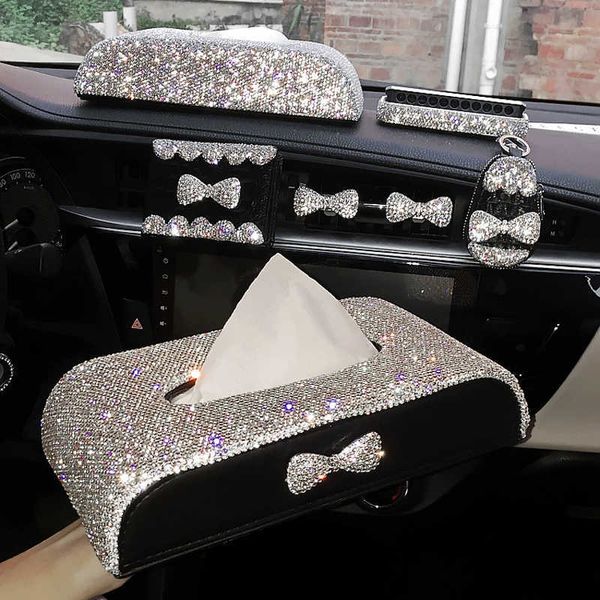 

car tissue box cute bowknot bling crystal universal armrest paper holder cover diamond rhinestones interior accessories t221219