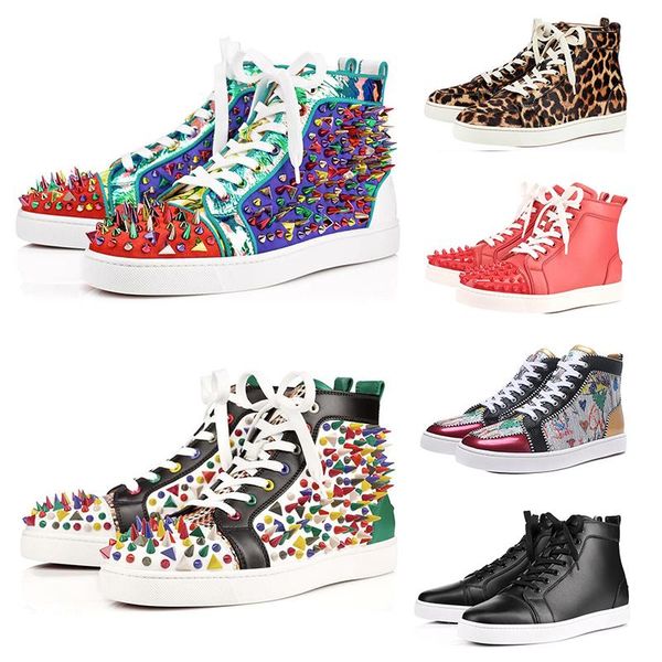 

christians red bottomed designer fashion luxury studded spikes flats shoes for men women glitter party lovers genuine leather casu aoi, Black