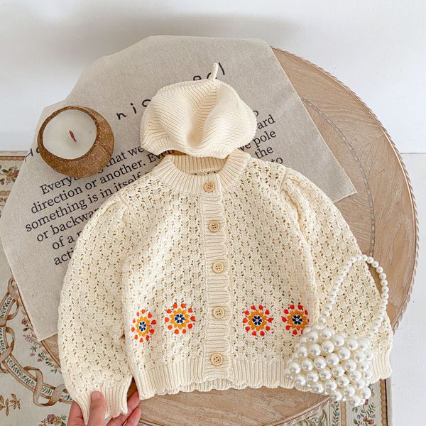

ins exquisite winter girl clothing cardigan kids regular sleeve floral embroidery design beige sweaters baby clothes 100% cotton, Blue