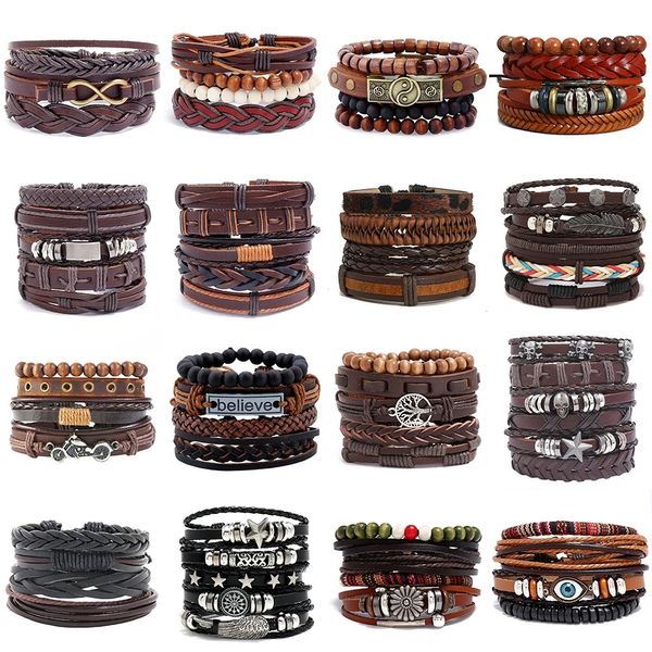 

new bracelet set braided wrap leather bracelets for men vintage life tree letter charm wood beads ethnic tribal wristbands, Golden;silver