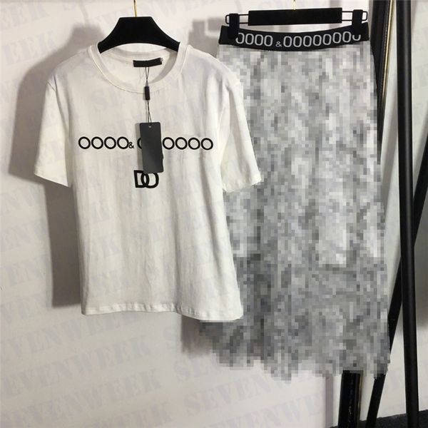 

fashion print t shirts tees dress sets for women letter webbing mesh pleated skirts design tshirt ladies casual clothing suits vacation, White