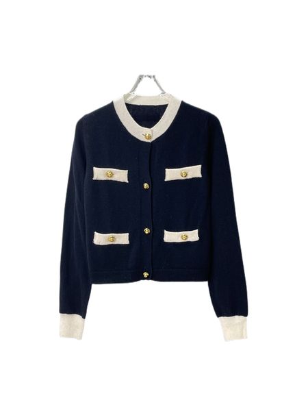 

23 navy metal button knit cardigan skirt temperament fashion suit, White