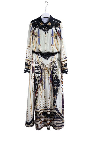 

spring 2023 new polo print long sleeve shirt with half skirt set, White