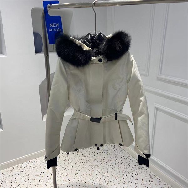 

women fashion winter ski down coats large fox fur collar short with waist band hooded thick waterproof northern down jackets, Black