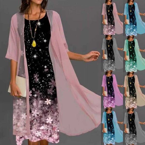 

summer womens dress two-piece printed round neck and coat clothing, Black;gray