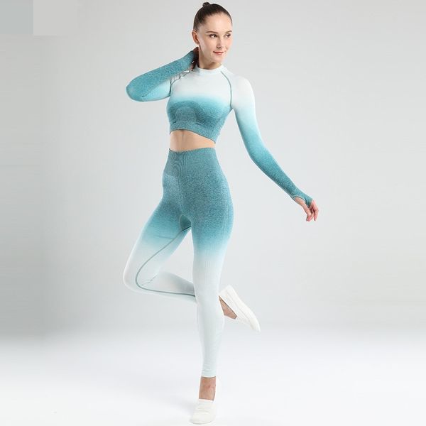 

women's yoga sets gym clothing ombre seamless gradient leggings long sleeve workout sport suit women fitness set active wear
