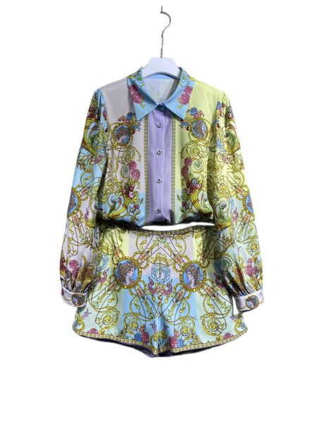 

spring 2023 new style lapel fashion senior printed shirt with shorts set, White