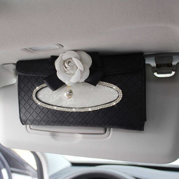 

car tissue box camellia sun visor leather hanging auto holder flower for girls crystal rhinestone paper bag t221219