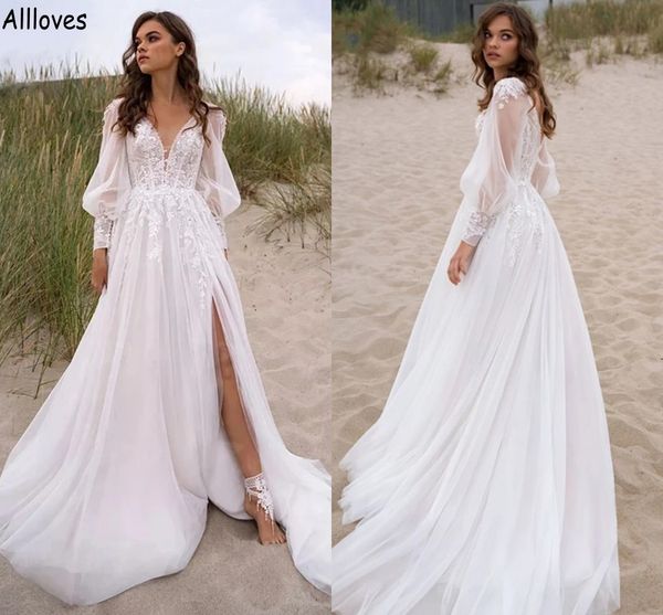 

puff long sleeves a line wedding dresses romantic lace appliqued tulle side slit bridal gowns boho garden fairy style bride second reception, White