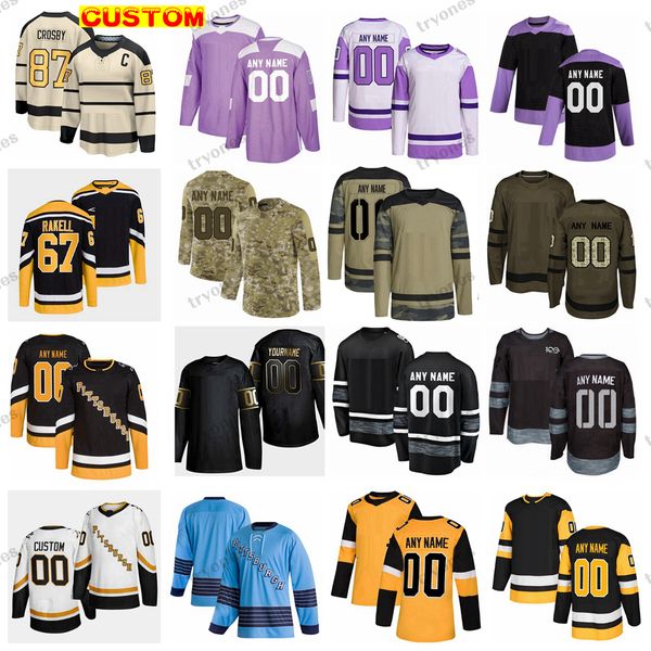 

custom 2023 winter classic hockey jerseys reverse retro camo fights cancer crosby malkin guentzel letang lemieux granlund rakell zucker rust, Black;red