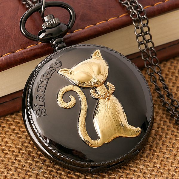 

steampunk carved golden siamese cat design watch lovely animal quartz pocket watch for men women necklace pendant chain, Slivery;golden