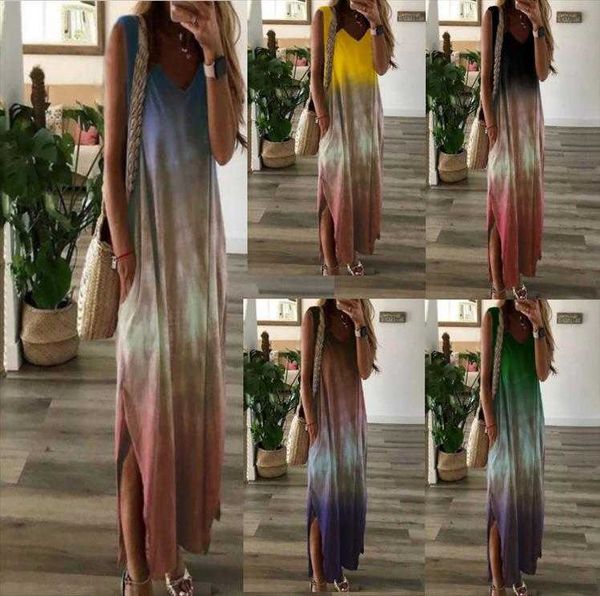 

summer womens v-neck gradient tie-dye print sleeveless dress, Black;gray