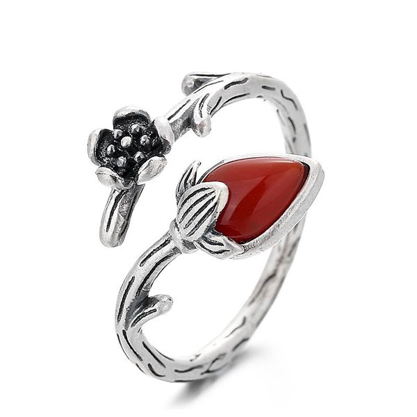 

retro 925 sterling silver red lotus flower ring for women elegant vintage adjustable agate flowers finger rings female valentines gift, Golden;silver