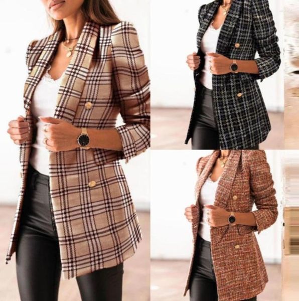 

women's suits ladies plaid blazer women spring autumn vintage tweed jackets double breasted office chic slim blazers, White;black