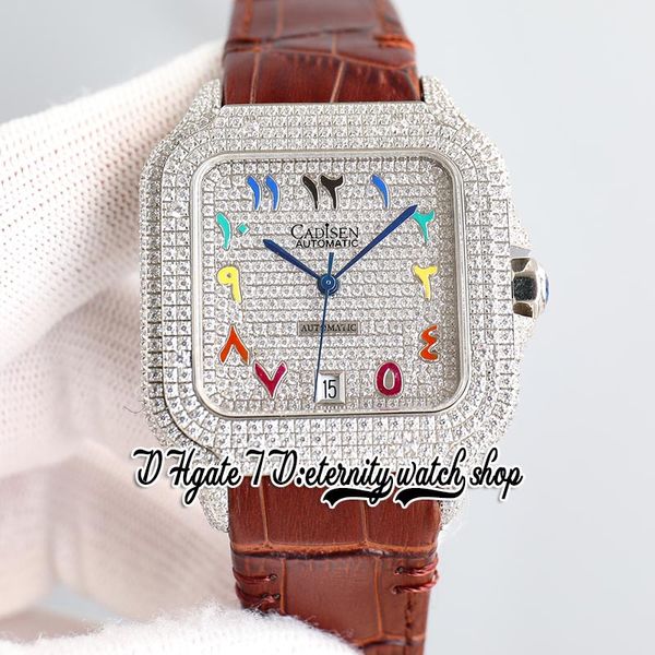 

twf tw0010 m8215 automatic mens watch 40mm iced out diamond bezel paved diamonds dial rainbow arabic markers brown leather strap 2022 super, Slivery;brown