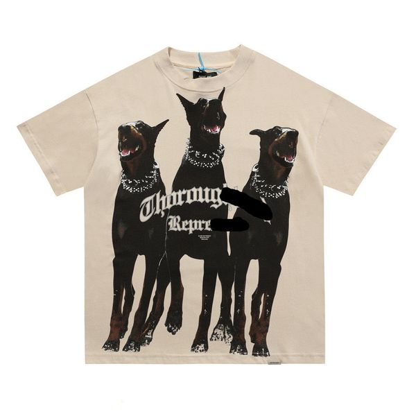 

men's t-shirts dog head american retro letter print casual loose short sleeve high street fashion couple t-shirt 100% cotton khaki blac, White;black