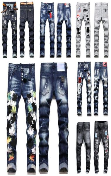 

designer dsq jeans mens pants badge rips stretch black jean fashion slim fit washed motocycle autumn denim pants high street hip h3276311, Blue