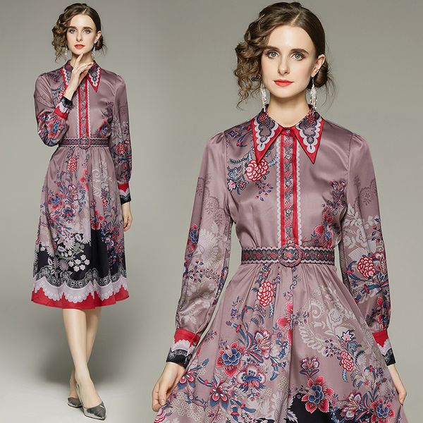 

elegant midi belted shirt dress long sleeve 2022 runway women fashion casual office button dresses printed a-line ladies printed party desig, Black;gray