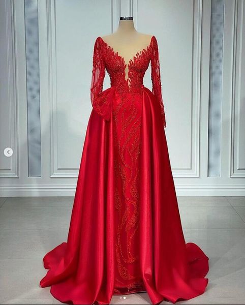 

red princess mermaid prom dresses with detachable train 2023 long sleeve sheer neck beaded embroidery arabic evening gown, Black