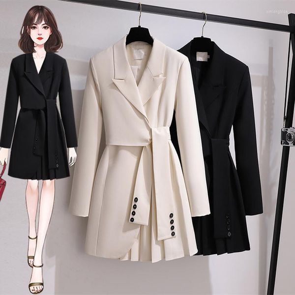 

casual dresses suit dress female autumn and spring fashion design sense irregular pleated blazer women sashes office work vestido, Black;gray