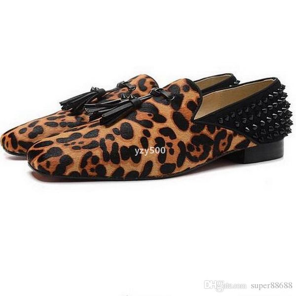 

red-bottoms christians new mens square toe spikes back tassel loafers designer brand leopard real horsehair business wedding dress shoes lde, Black