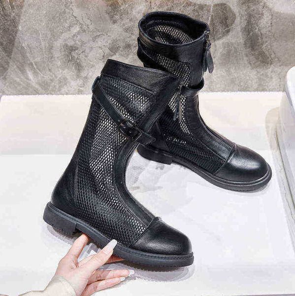 

women boots 22 summer net red children's hollow mesh breathable thin high tube flat bottom front zipper cool 07091011, Black