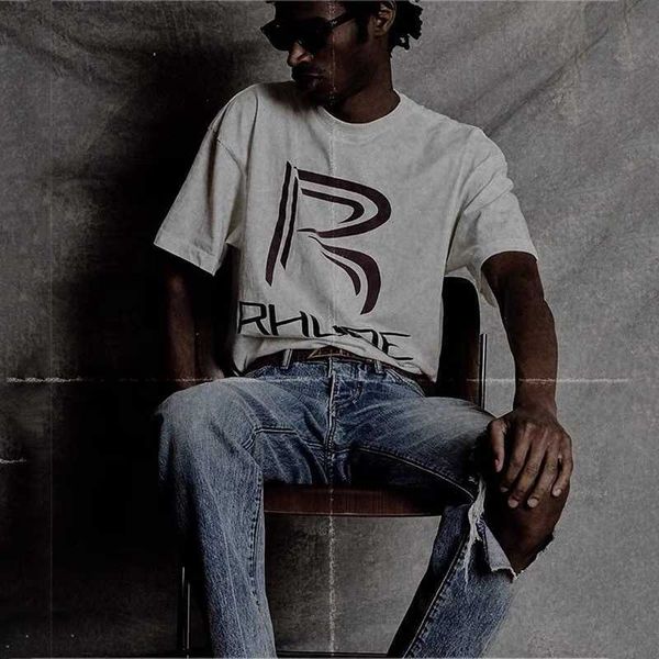 

men's t shirt 2023 new fashion brand rhude american high street plaid flag letter print and women's loose hip-hop casual short sle, White;black