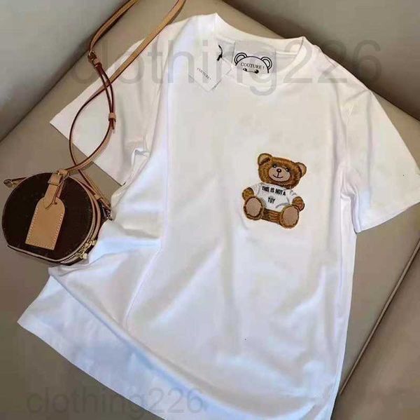 

women's tees summer new t-shirt flocking three-dimensional cartoon bear letter embroidery loose short sleeves for men and women, White