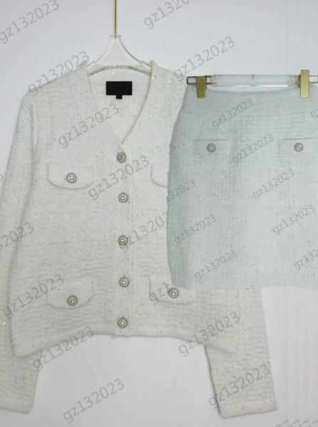 

womens two pieces dress custom button sequins decoration long sleeves v-neck cardigan high-waisted slim skirts luxury designer women clothes, White
