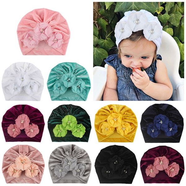 

18x17 cm newborn infant soft velvet indian hats fashion hand sewn beads flower caps baby warm headwear 11 colors, Yellow