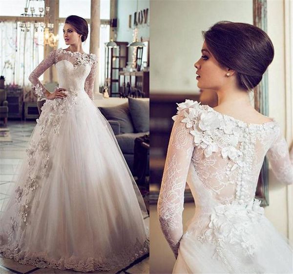 

sheer bateau neckline lace long sleeve wedding gown flowers embellished princess wedding dress custom vintage ball gown wedding dresses, White