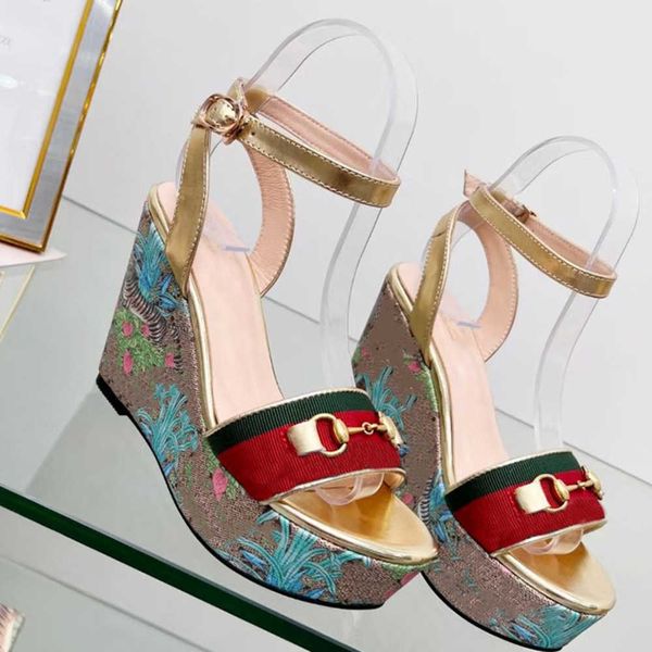 

designer wedge sandals platform sandals shoes high heels with flowers tiger green stripes wedding dress shoe with box no379, Black