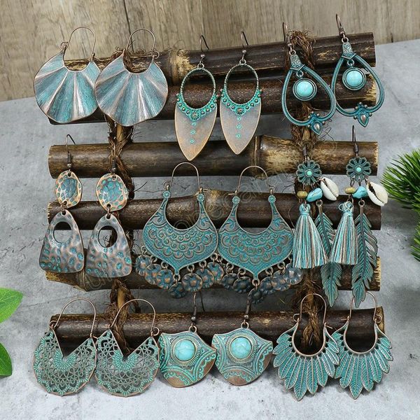

bohemia antique bronze feather tassel dangle earrings for women vintage metal hammered round leaf hook earrings ethnic jewelry, Silver