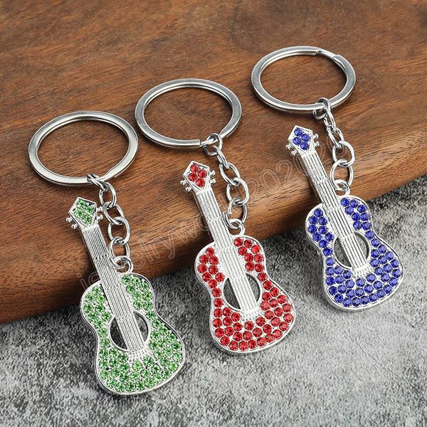 

retro guitar keychain women rhinestone guitar key chains for men keyring pendant bag car trinket jewelry party gift, Silver