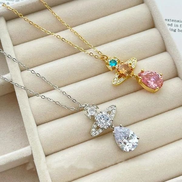 

designer pendant necklace colorful water drop crystal stone saturn necklace advanced collar love chain, Silver