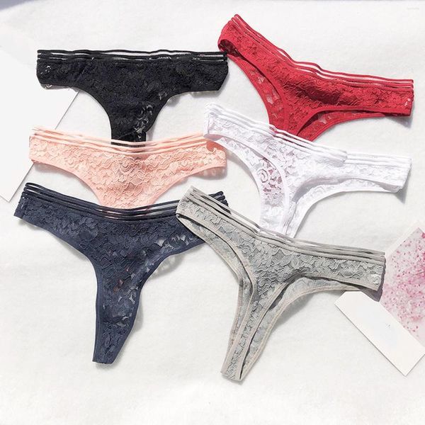 

women's panties solid color thong women embroidered lace hollow out low waist breathable temptation women's transparent, Black;pink